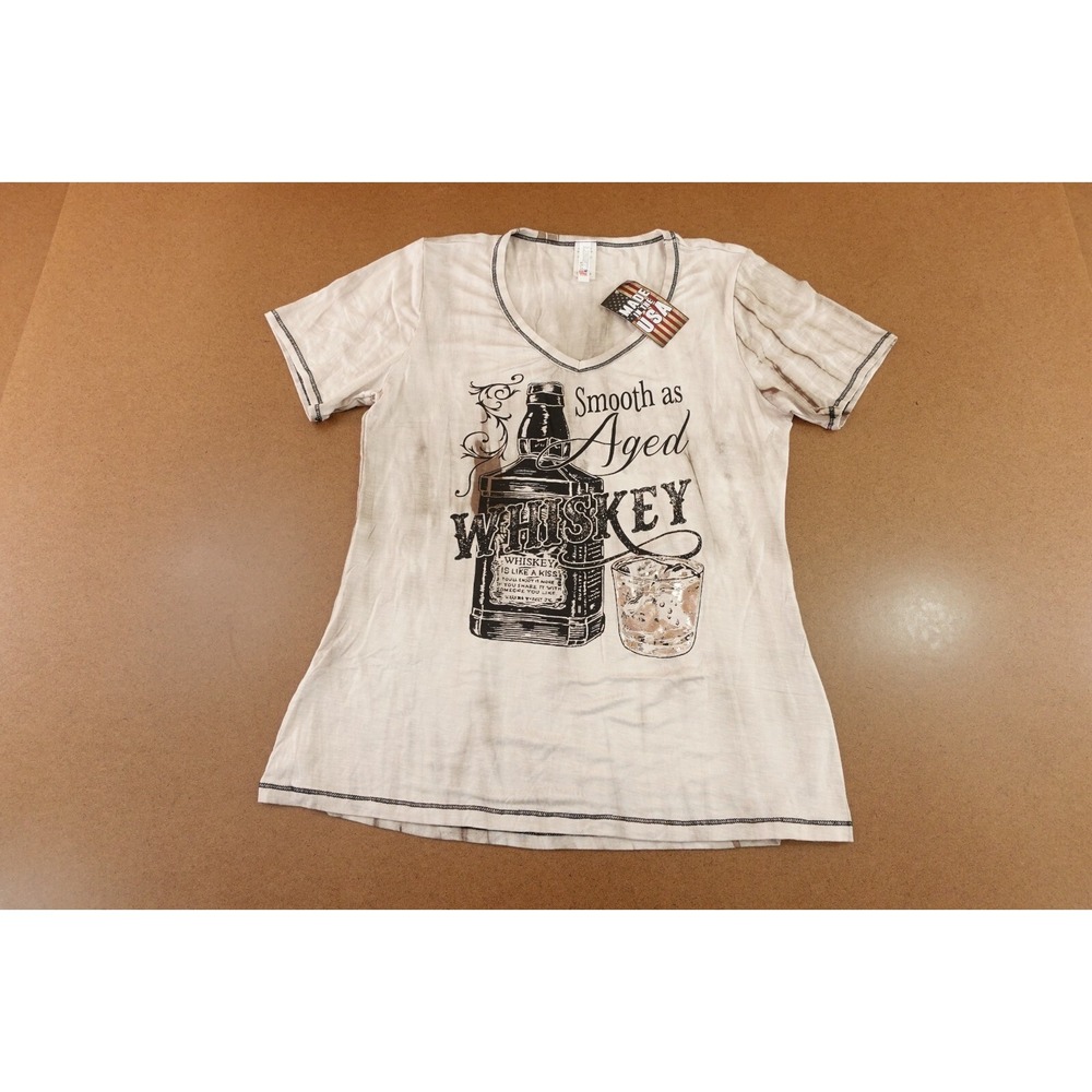 Womens Size XL Brown Smooth as Aged Whiskey Graphic V Neck Short Sleeve Tee NWT